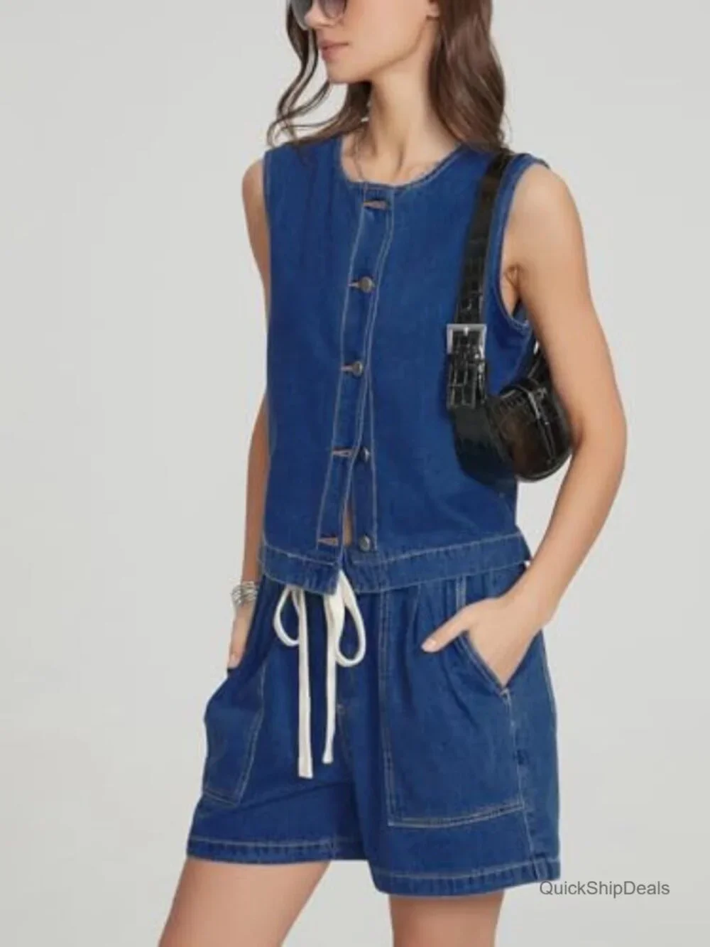 Sleeveless Denim Vest & Baggy Jean Shorts Matching Set Two Piece Outfit
